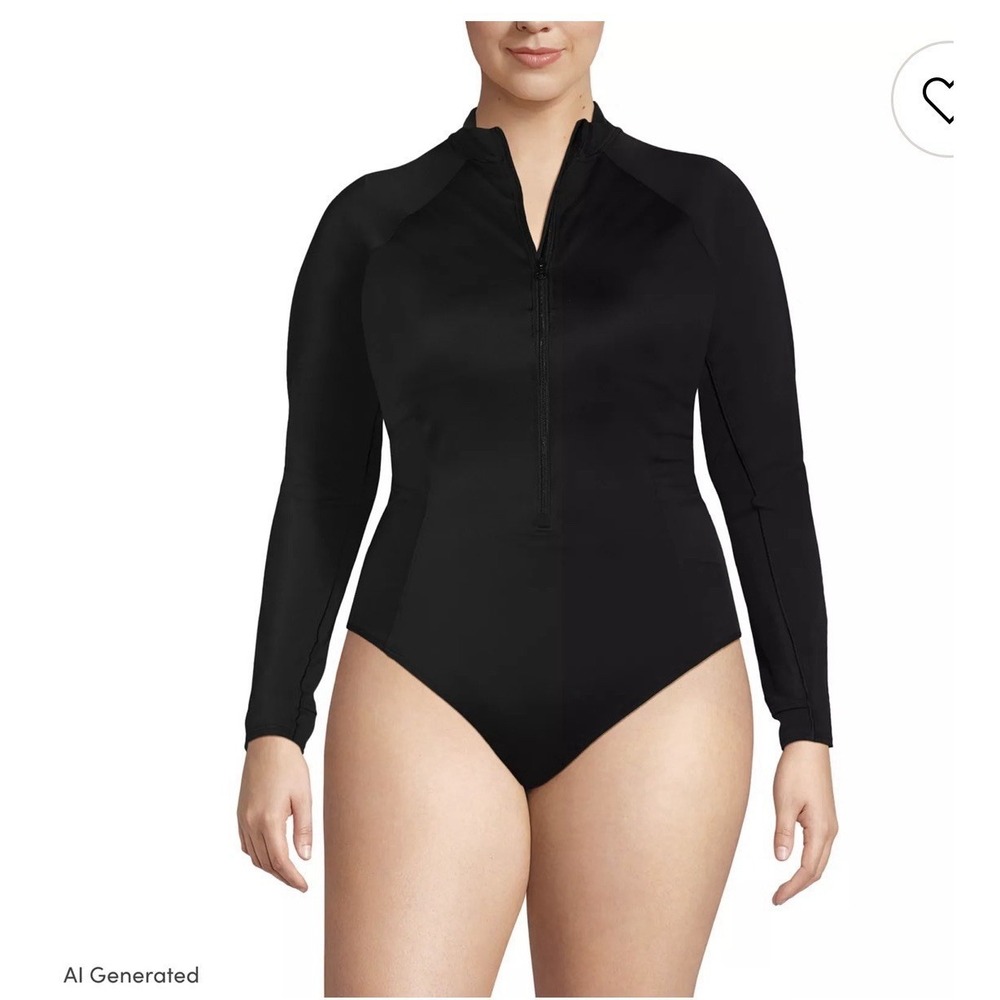 Lands End Womens Black Tugless Long Sleeve One-Piece Rashguard Swim Suit 20W